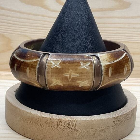 Handcrafted Carved Bangle Bracelet Tribal-Inspired Design & Brown-Tone Finish - Picture 3 of 6